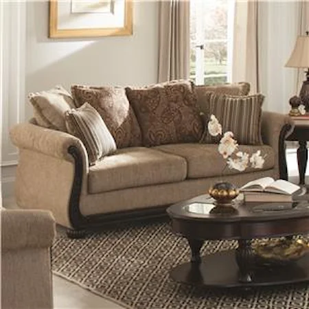 Traditional Sofa with Rolled Arms and Wood Trim